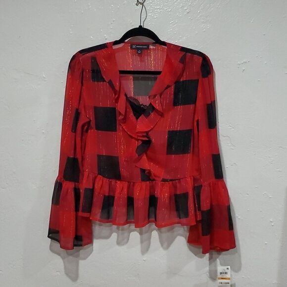 INC Sheer Peplem Blouse w/Gold Metallic & Bell Sleeves with Free Bralette - Picture 2 of 15